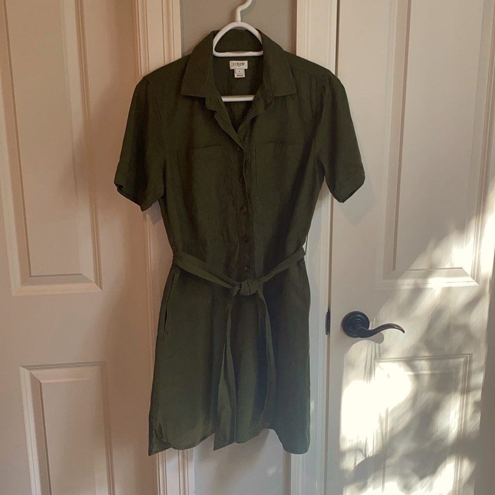 J. CREW FACTORY deep olive dress with pockets & removable sash.